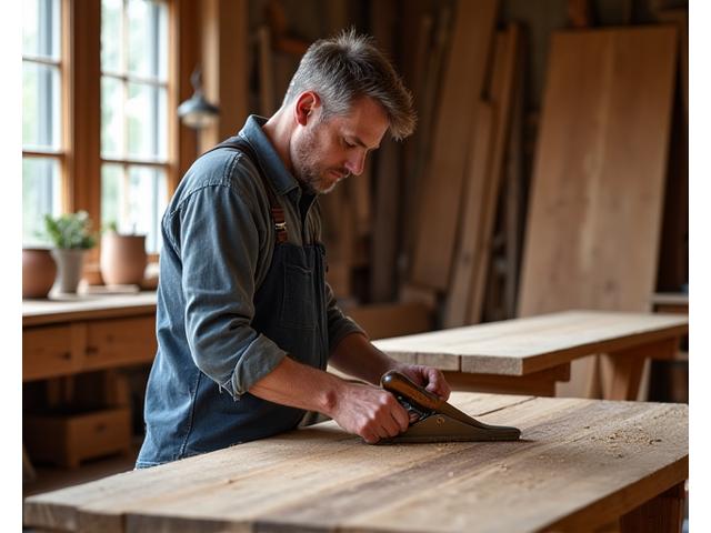 Een vakman aan het werk in een Nok Design meubelworkshop, omringd door hout en gereedschap.